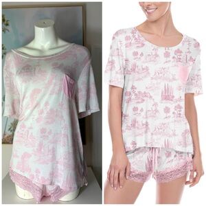 Honeydew White Pink Toile Lace Trim Pajama Set Shirt & Shorts Sleepwear Size XL